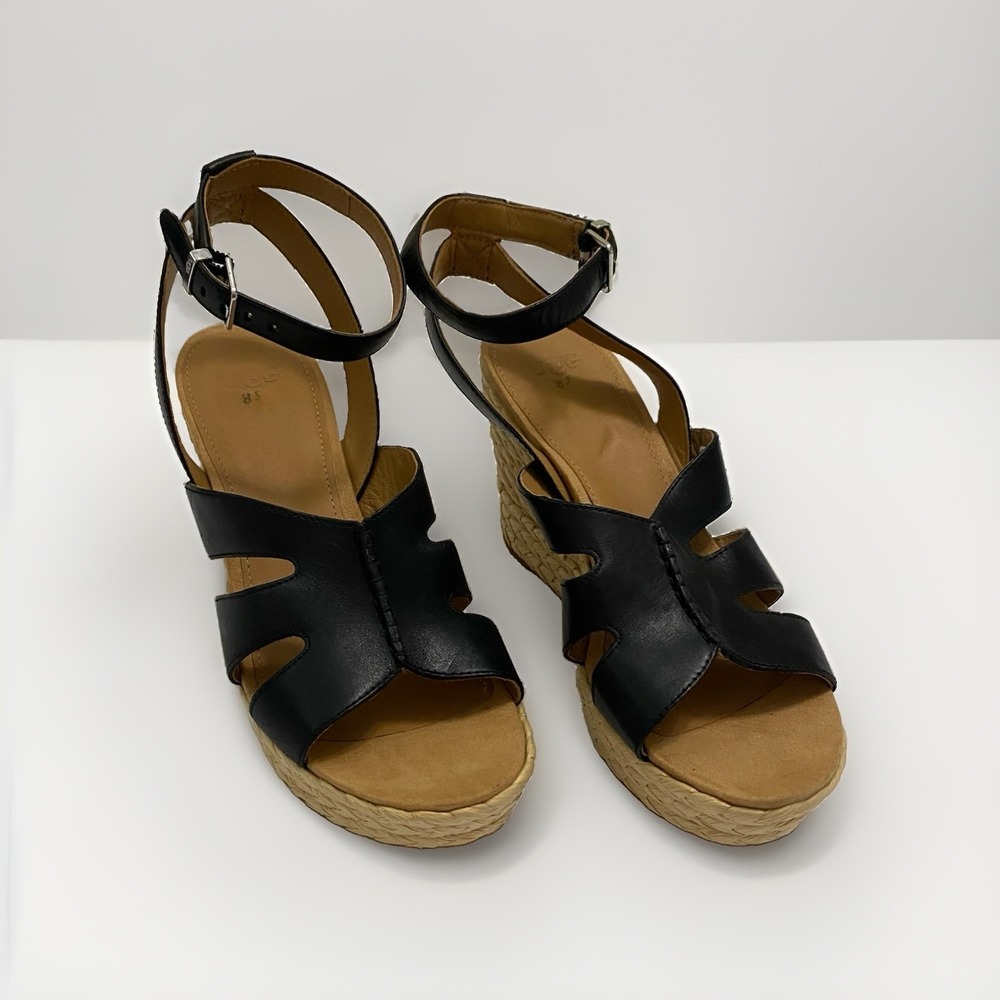 UGG Careena Black Leather Wedge Espadrille Sandals - Size 8.5